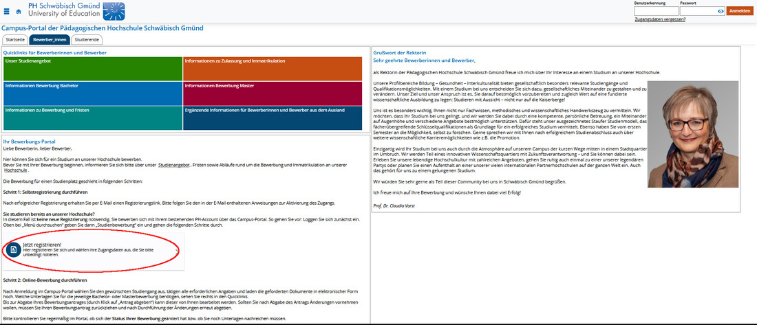 Screenshot Campus-Portal Bereich Bewerbung, Registrieren rot eingekreist 06.09.23