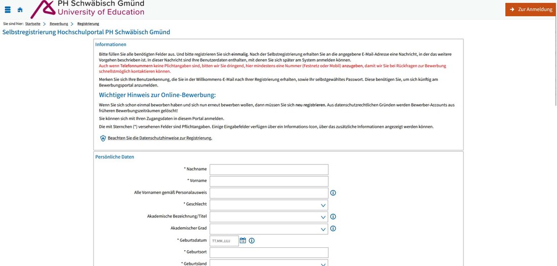 Screenshot Campus-Portal Ausschnitt Formular Selbstregistrierung