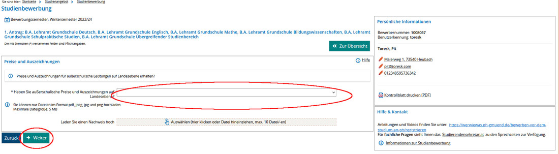 Screenshot Campus-Portal Bewerbungsvorgang - Preise und Auszeichnungen 