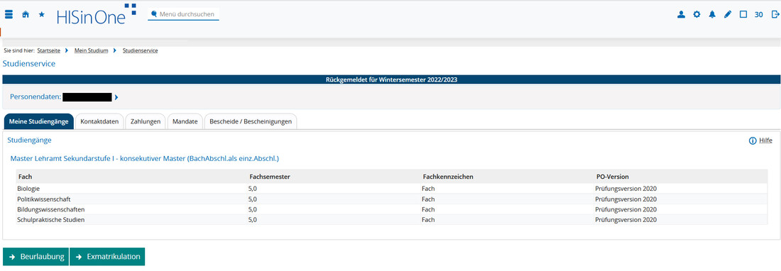 Screenshot Campus-Portal Bereich Mein Studium - Studienservice - zurückgemeldet