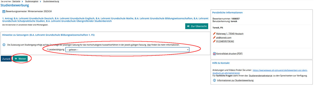 Screenshot Campus-Portal Bewerbung - Lesebestätigung Satzung