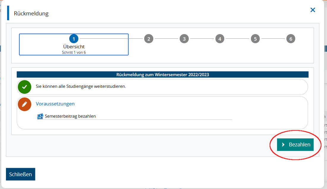 Screenshot Campus-Portal Bereich Rückmeldung Schritt 1
