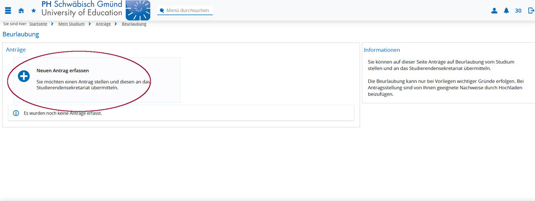 Screenshot Campus-Portal: Beispiel Antrag auf Beurlaubung Screenshot Campus-Portal: Beispiel Antrag auf Beurlaubung
