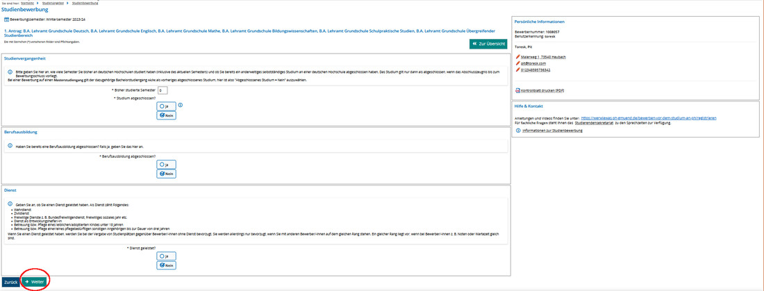 Screenshot Campus-Portal Studienvergangenheit, Beruf, Dienst