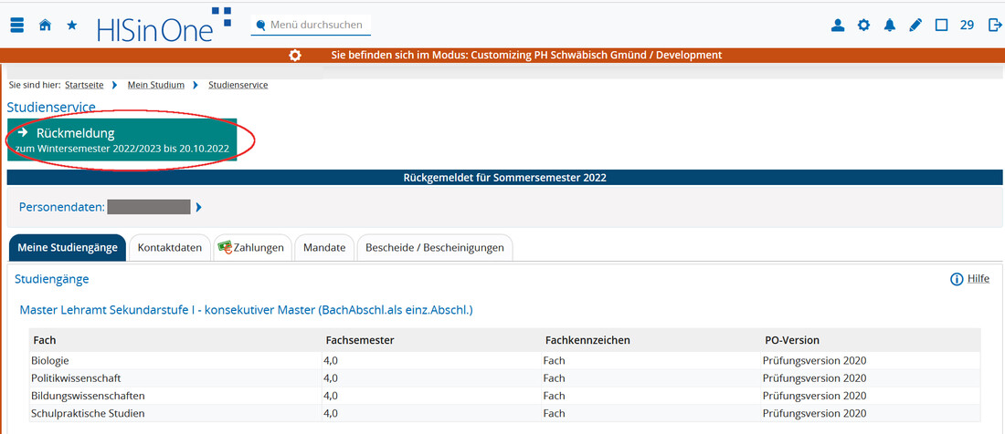 Screenshot Campus-Portal Bereich Mein Studium - Studienservice