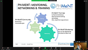 Ein Screenshot vom Monitor zum Start des Mentoringprogramms „PH-MeNT: Mentoring, Networking und Training“. Rechts unten ist ein Foto von der Gleichstellungsbeauftragten Dr. Gabriele Theuer