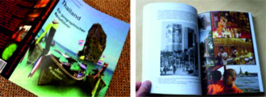 Zwei Fotos zeigen einen Thailändischen Reiseführer - auf dem linken Bild ist das Cover des Reiseführers auf der rechten Seite aufgeklappt