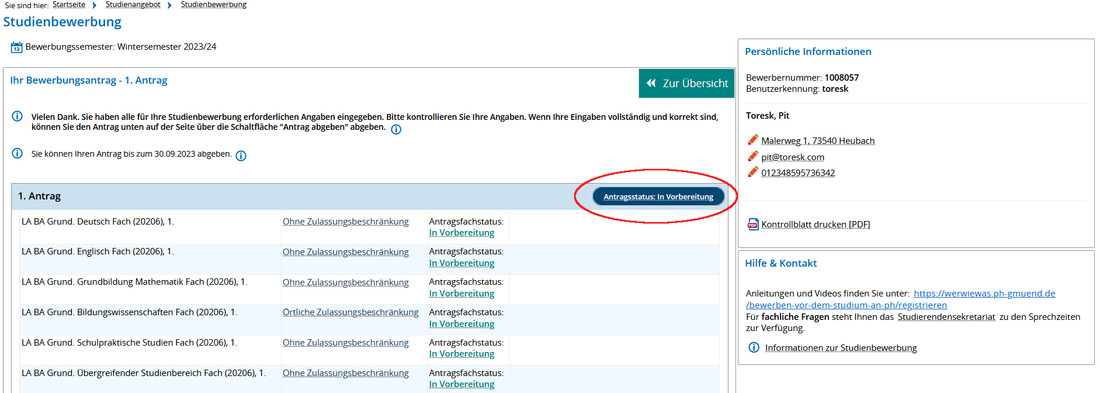Screenshot Campus-Portal Bewerbungsprozess letzter Schritt