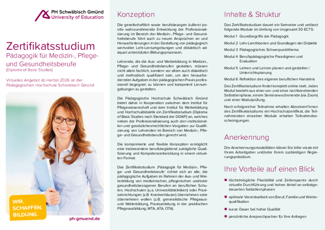 Flyer Zertifikatsstudium für Medizin, Pflege- und Gesundheitsberufe